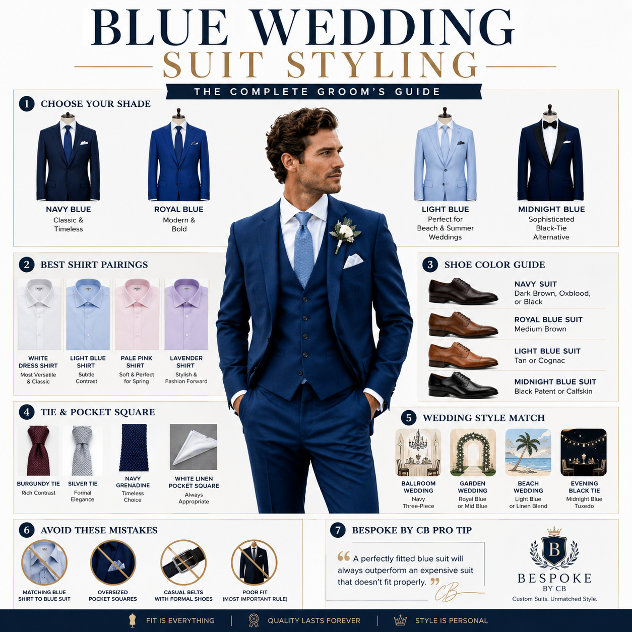 Blue wedding suit styling infographic showing shade choices shirt pairings shoe colors tie options and common mistakes to avoid