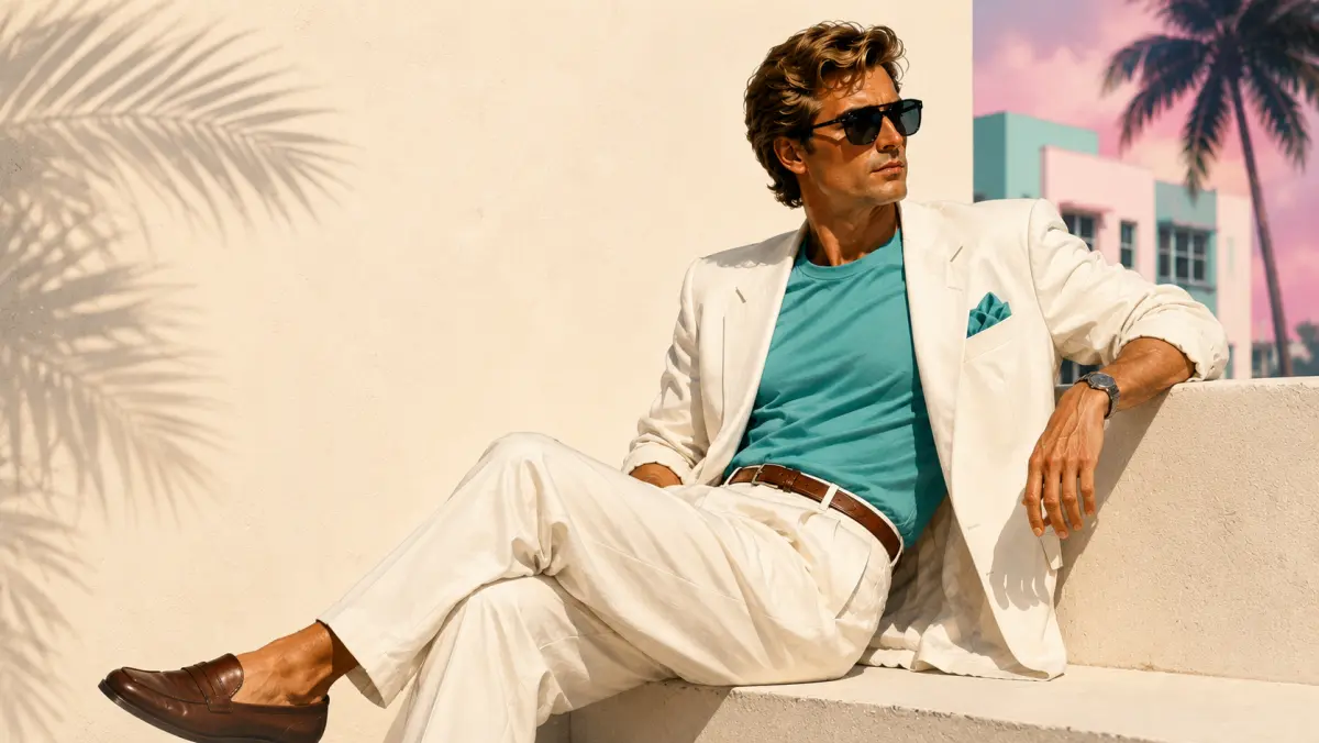 Miami Vice 80s style: man in white linen blazer with teal crewneck t-shirt, sockless penny loafers, and wayfarer sunglasses on South Beach steps with Art Deco backdrop