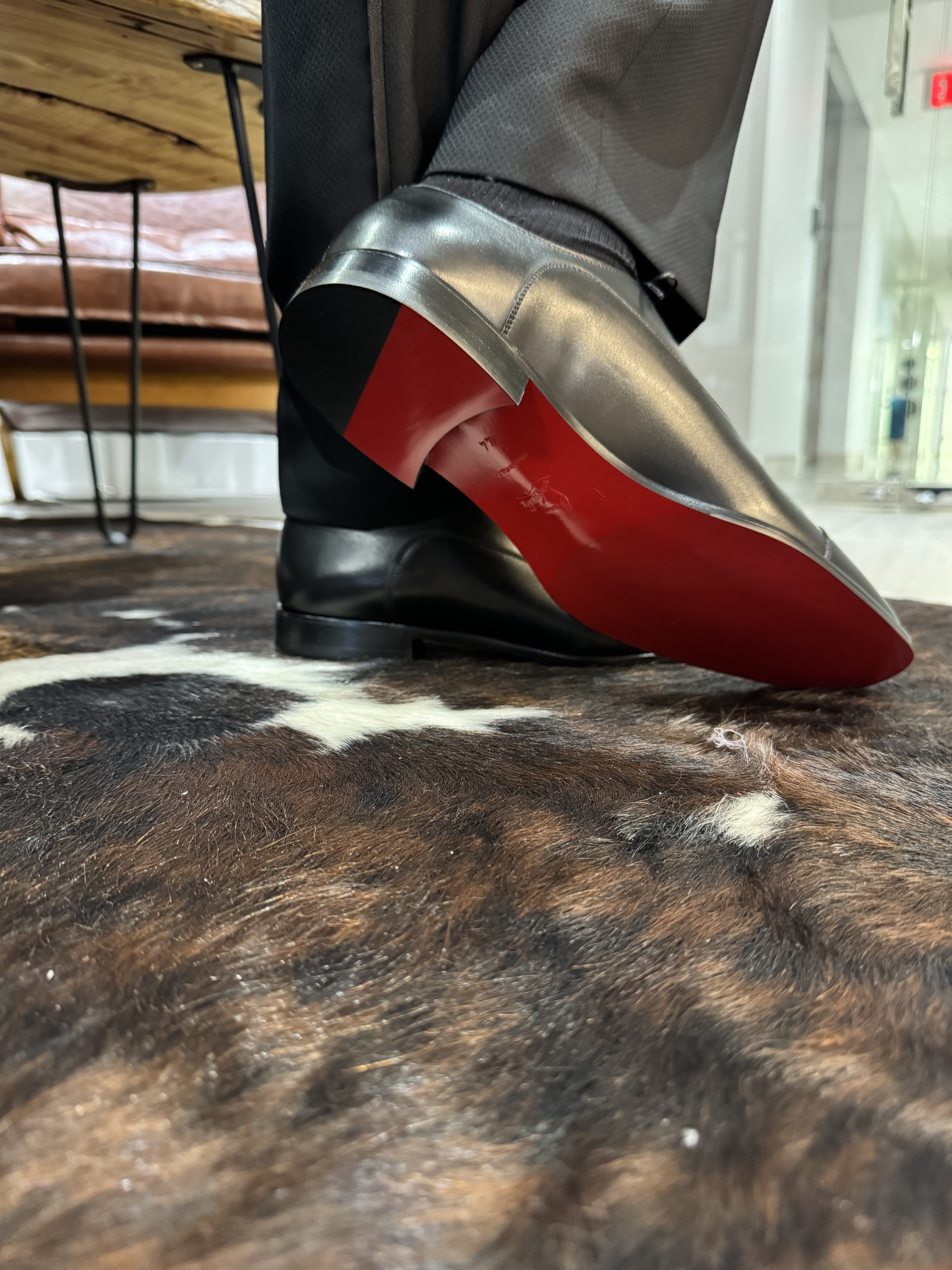 Black patent leather oxford formal shoes with red Christian Louboutin soles paired with a custom dinner jacket by Bespoke By CB