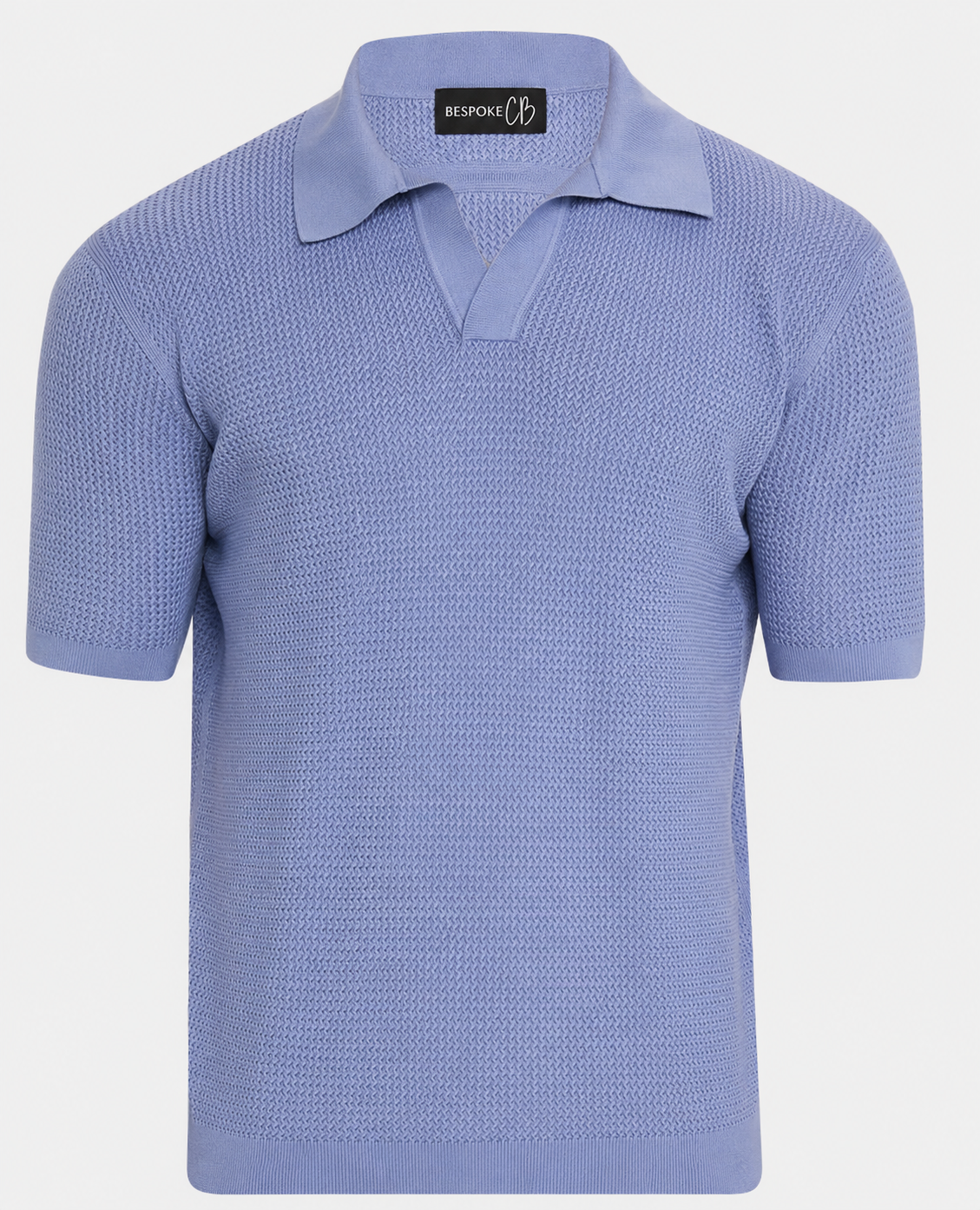Light blue custom knit polo shirt flat lay showing the collar and fabric detail.