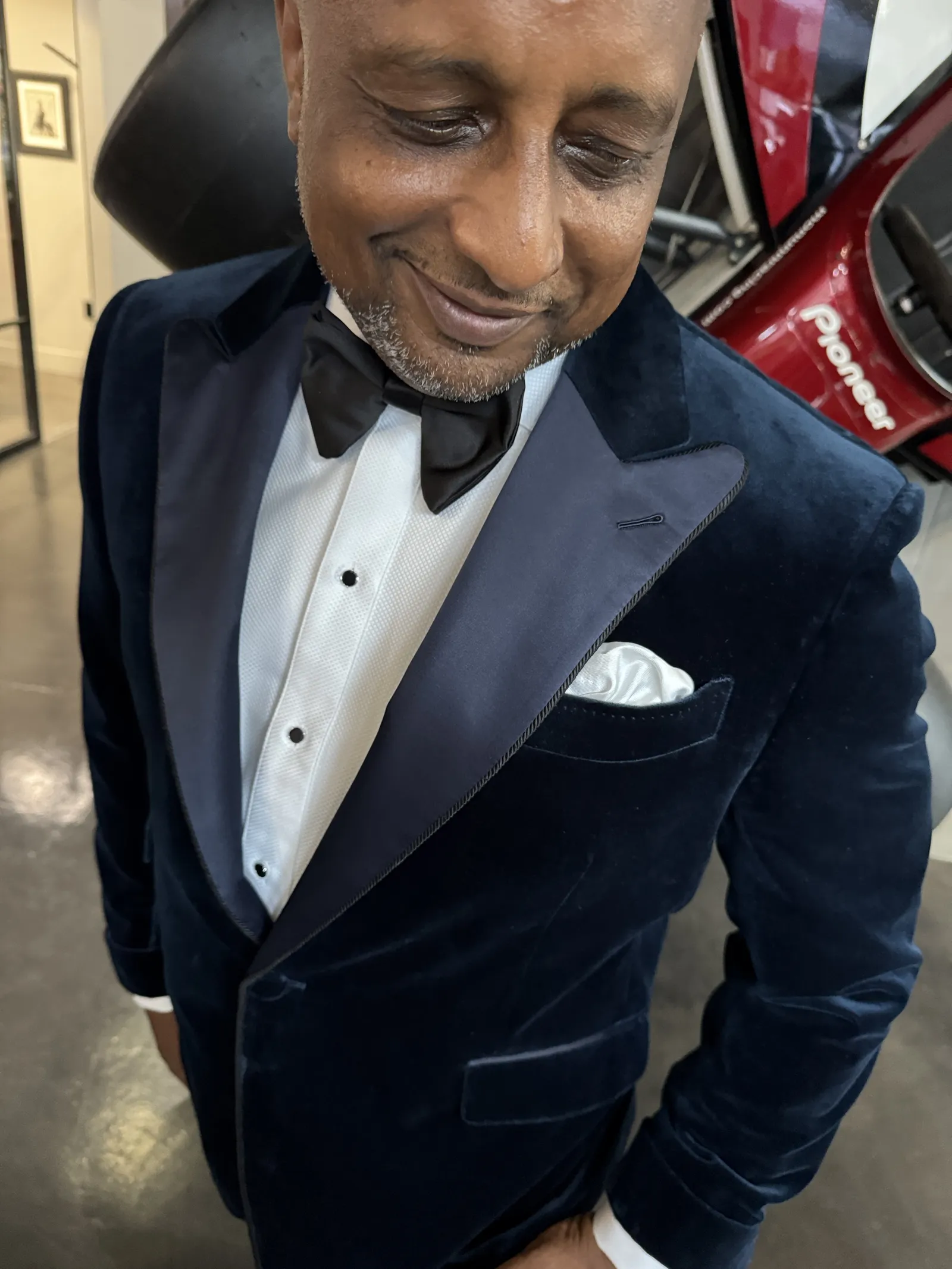 Navy velvet tuxedo with satin lapel detail