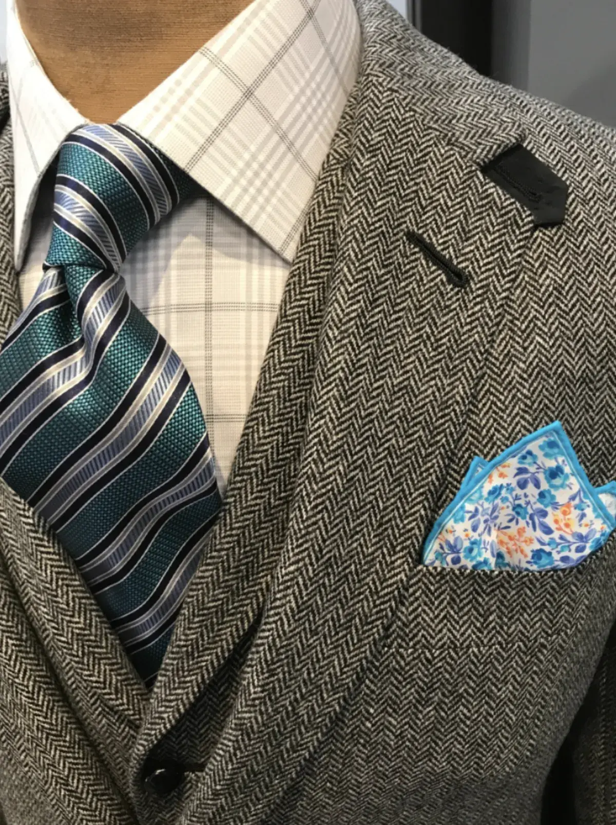 Custom tweed suit fabric and tailoring details by Bespoke By CB Miami