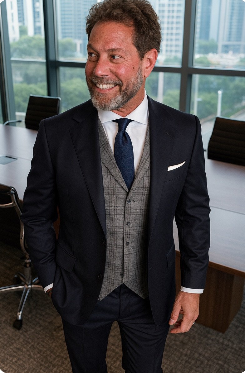 Custom suit hanging in a hotel room after travel with no wrinkles