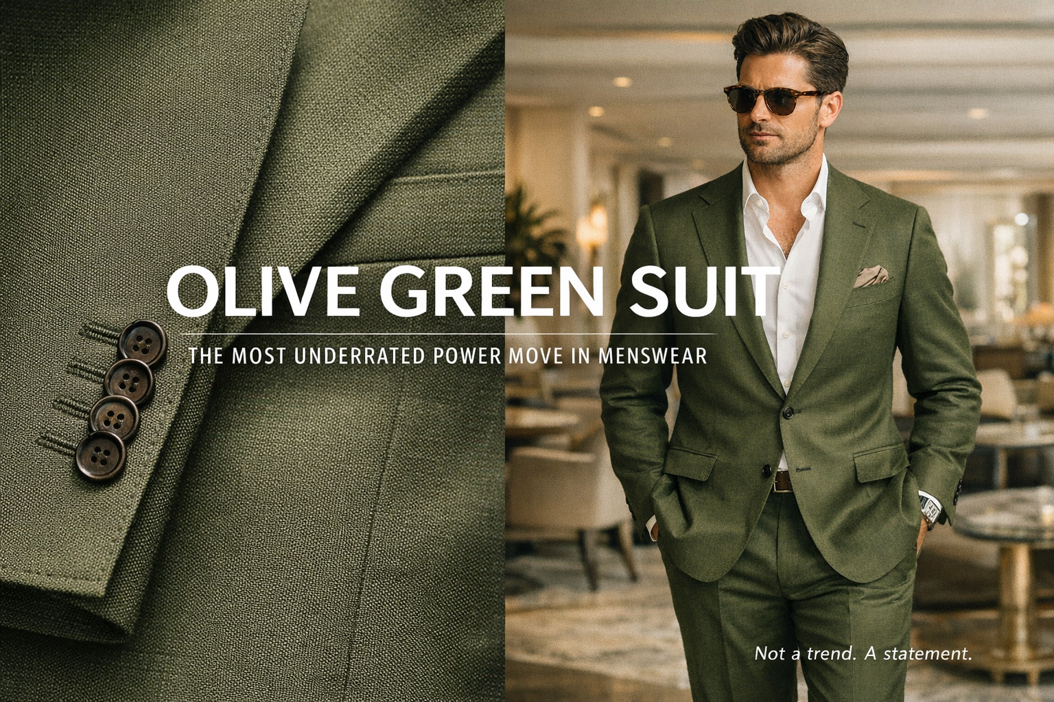 Man wearing a bespoke olive green suit at a Miami outdoor event