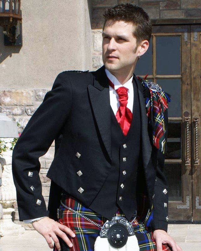 Custom kilt worn with Prince Charlie jacket for formal Highland dress in Miami