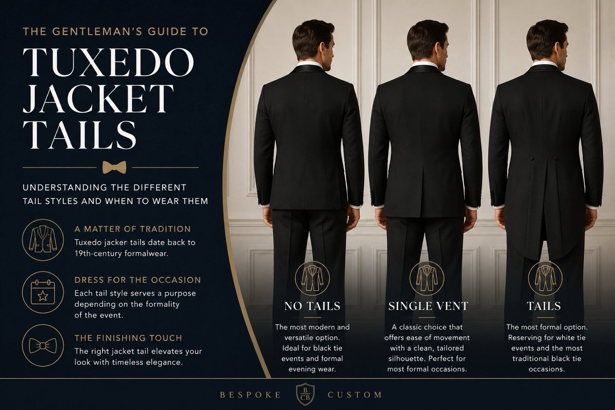Infographic guide to tuxedo jacket tails showing no tails, single vent, and full tails styles