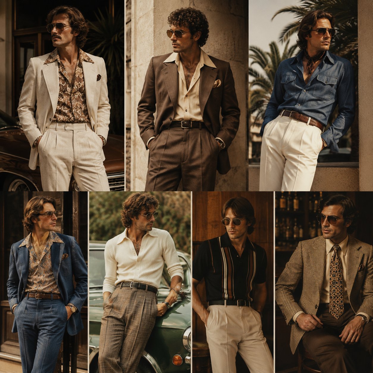 A curated collection of nine iconic 1970s menswear looks showcasing wide lapels, high-waisted trousers, and bold patterns at Bespoke By CB