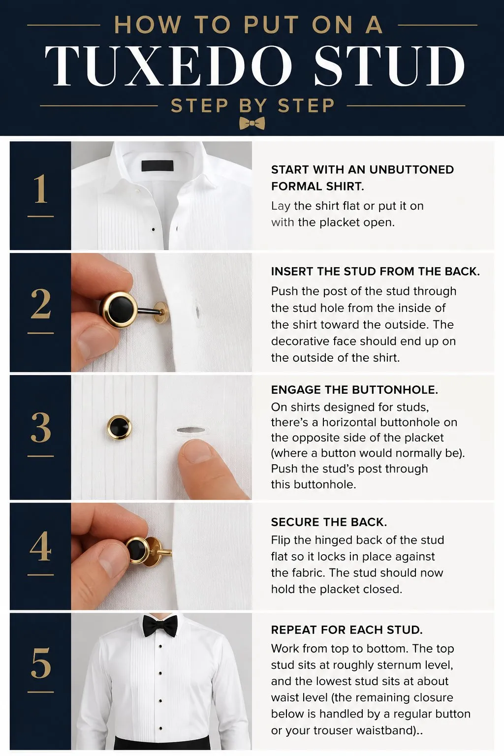 Illustrated guide showing how to insert tuxedo studs into a formal shirt front