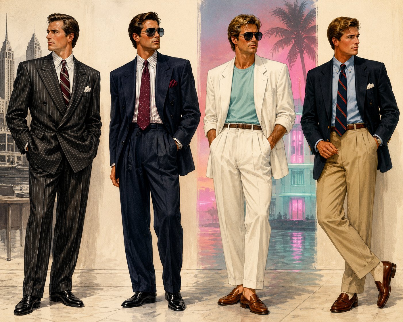 Four 1980s menswear archetypes: Wall Street pinstripe power suit, navy double-breasted with aviators, Miami Vice white linen with teal shirt, and preppy Ivy League blazer