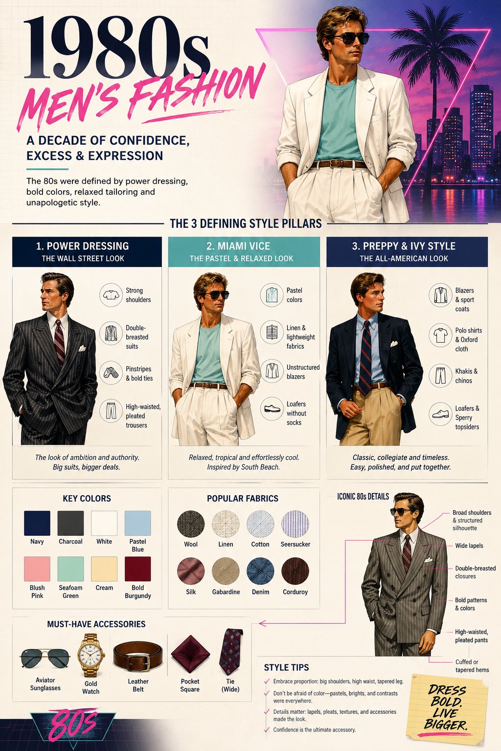 1980s men's fashion infographic showing three style pillars: Wall Street power dressing, Miami Vice pastel cool, and preppy Ivy League with color swatches, fabric types, and accessory details