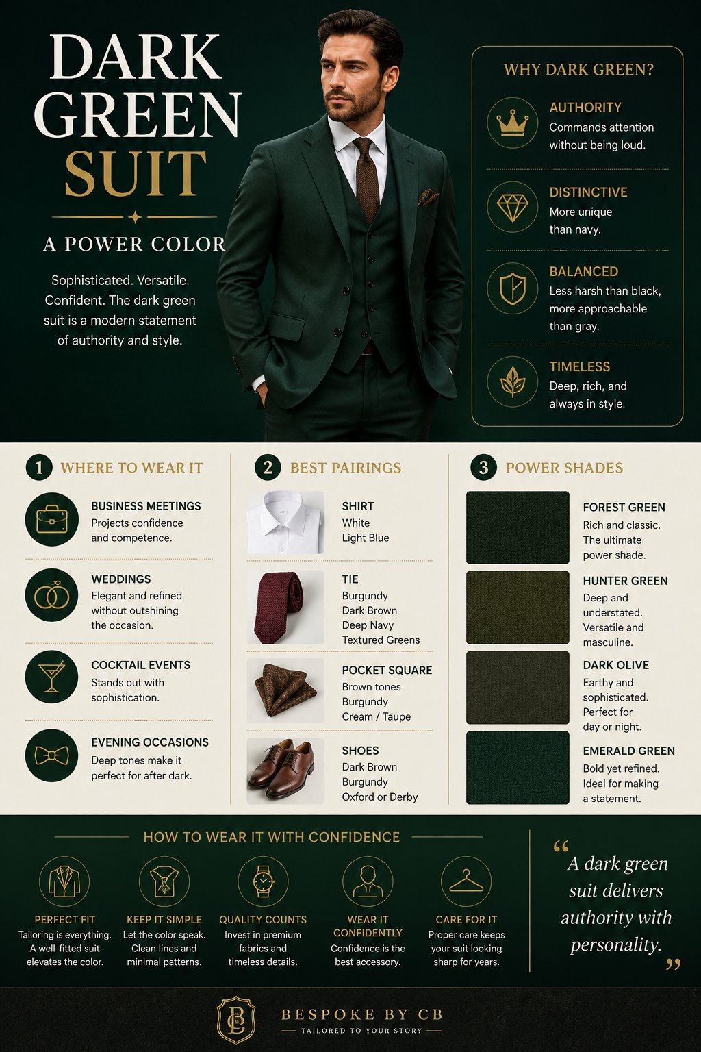 Custom dark green suit tailored by Bespoke By CB Miami