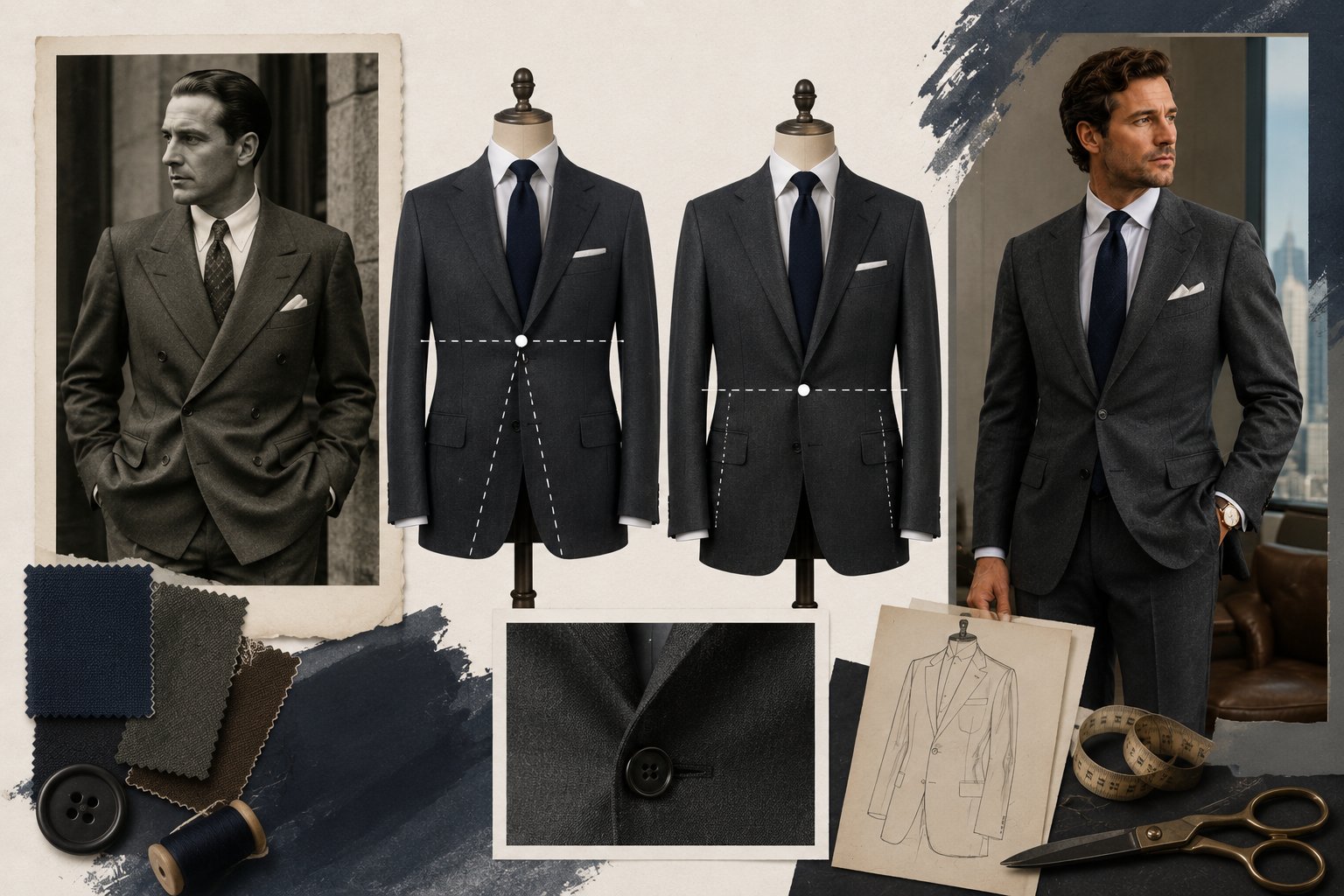 Custom suit construction details showing vintage and modern tailoring comparison by Bespoke By CB Miami
