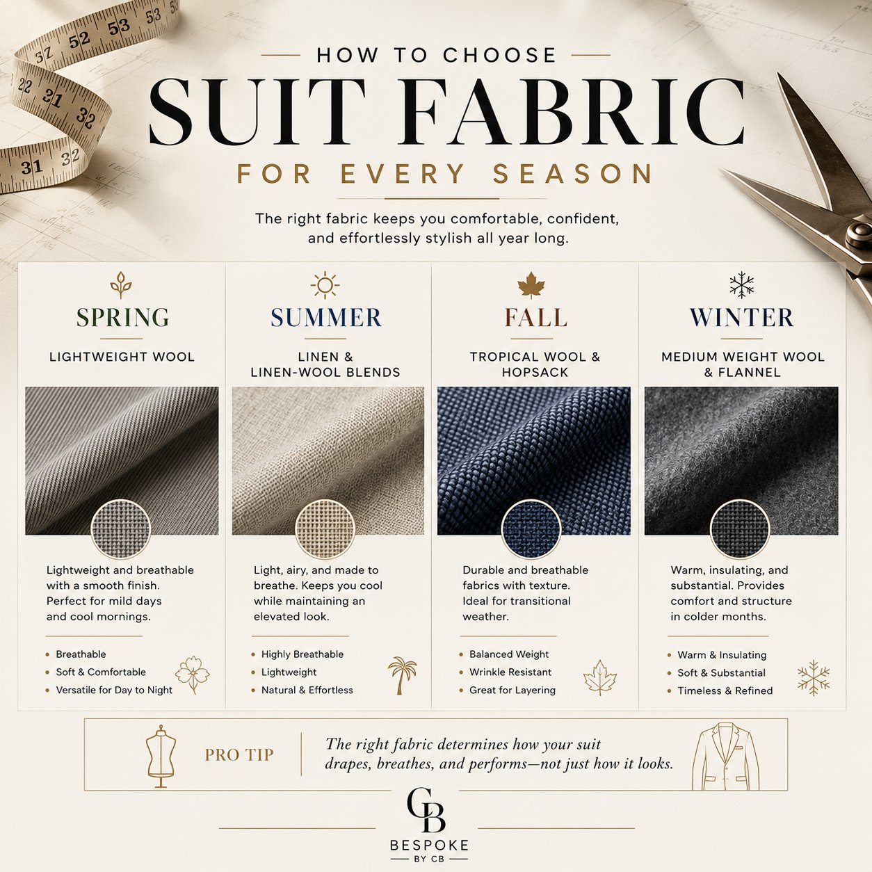 Year-round suit fabric examples including worsted wool, hopsack, and lightweight twill weaves