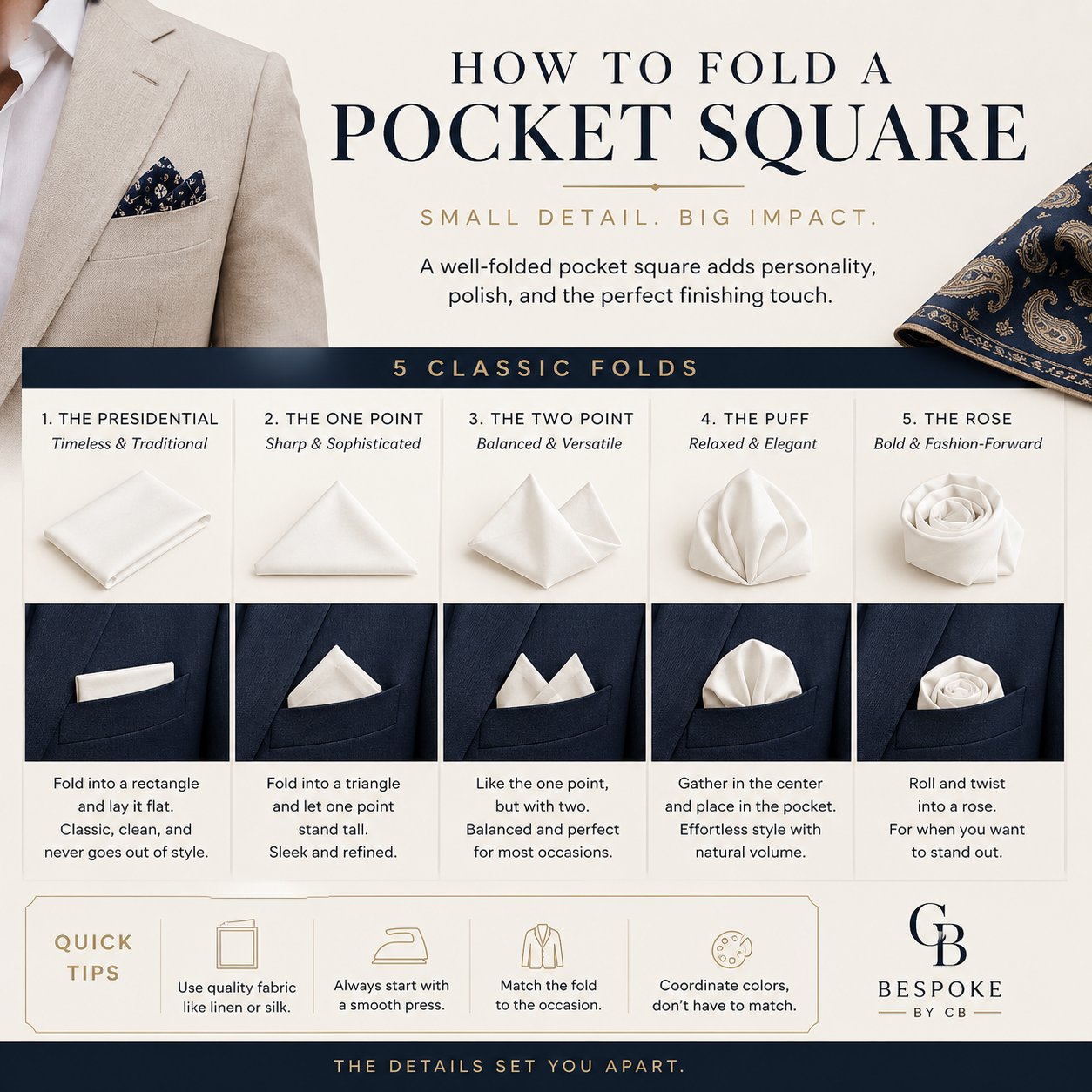 How to fold a pocket square step by step guide showing proper folding technique for the presidential flat fold at Bespoke By CB Miami