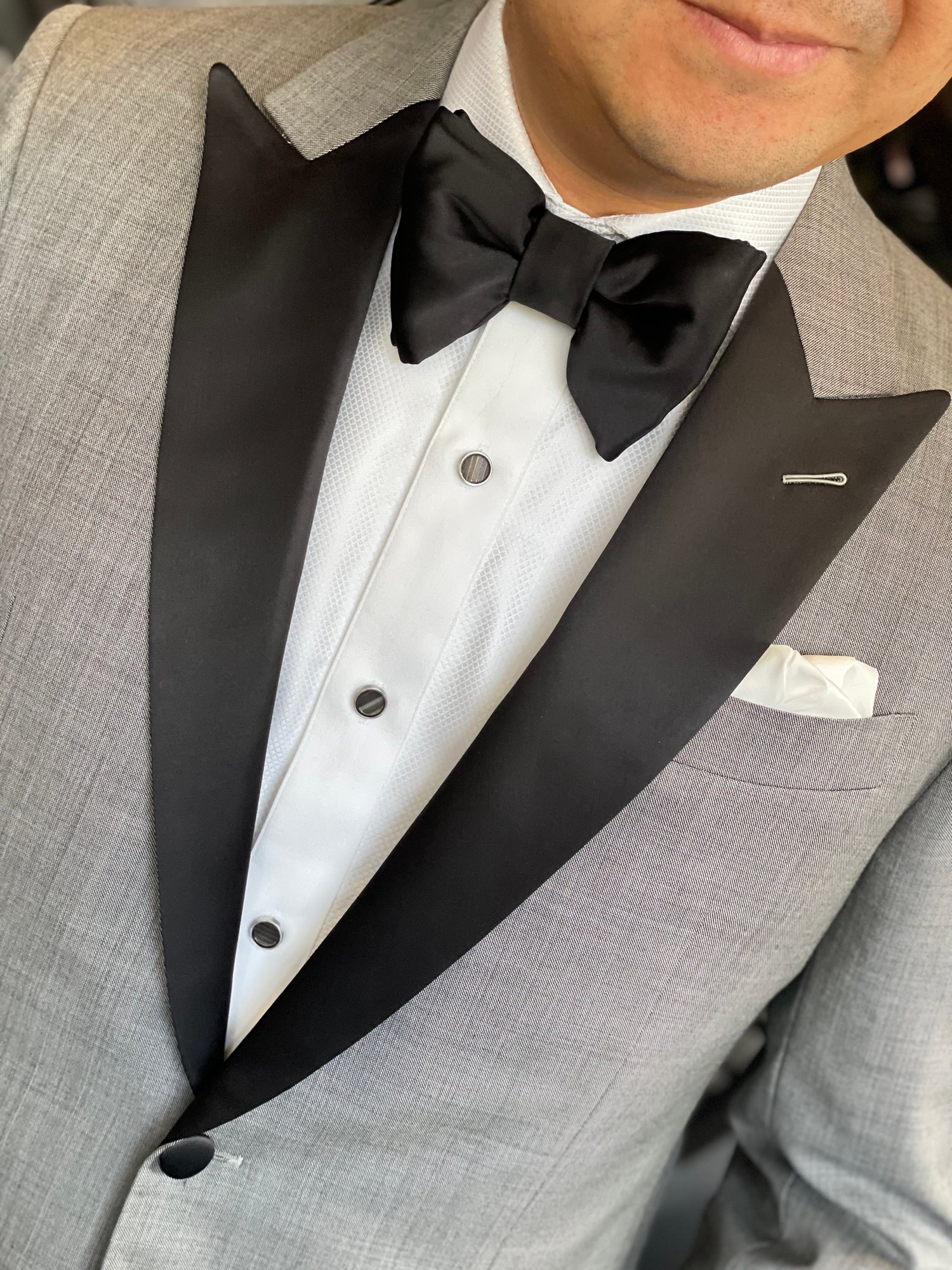 Grey custom tuxedo for a black tie wedding styled at Bespoke By CB Miami
