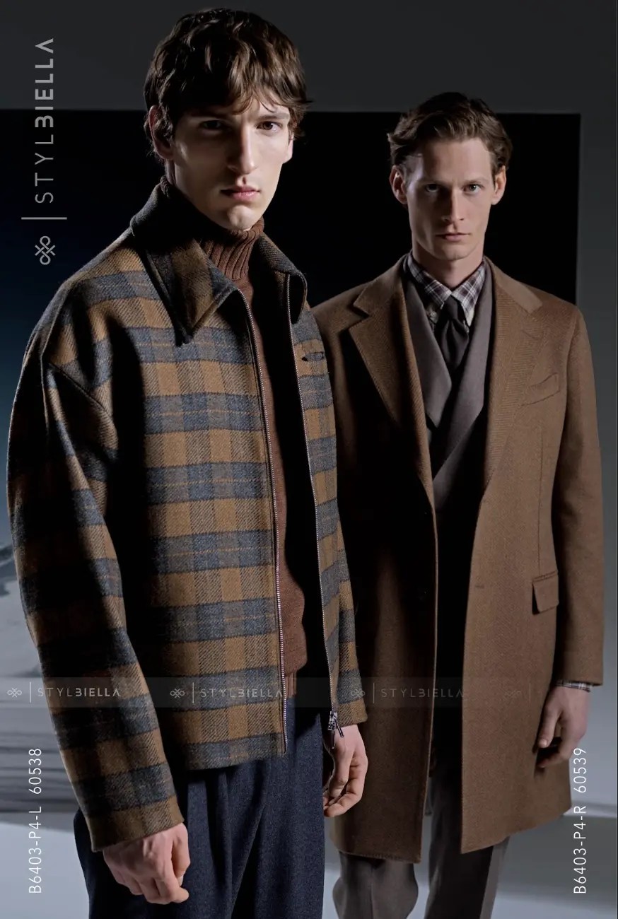 Comparison of wool bomber jacket and camel wool overcoat showing versatile outerwear options