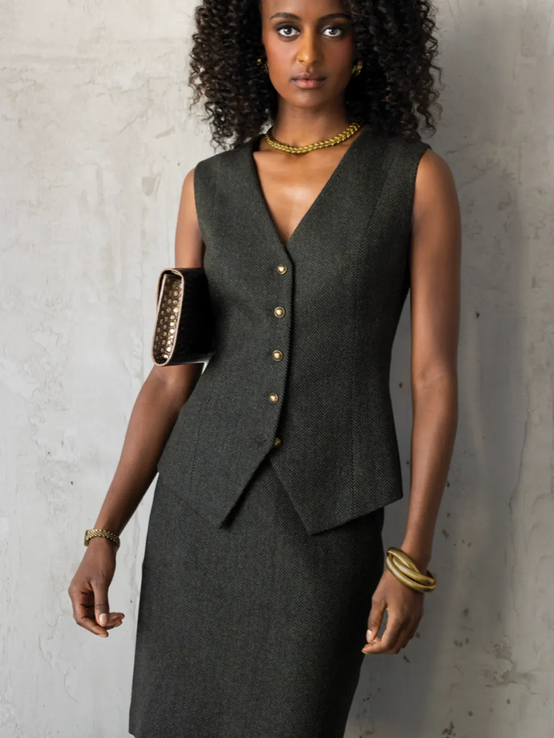 Full-length women’s blue plaid suit with vest and skirt, custom tailoring by Bespoke By CB Miami