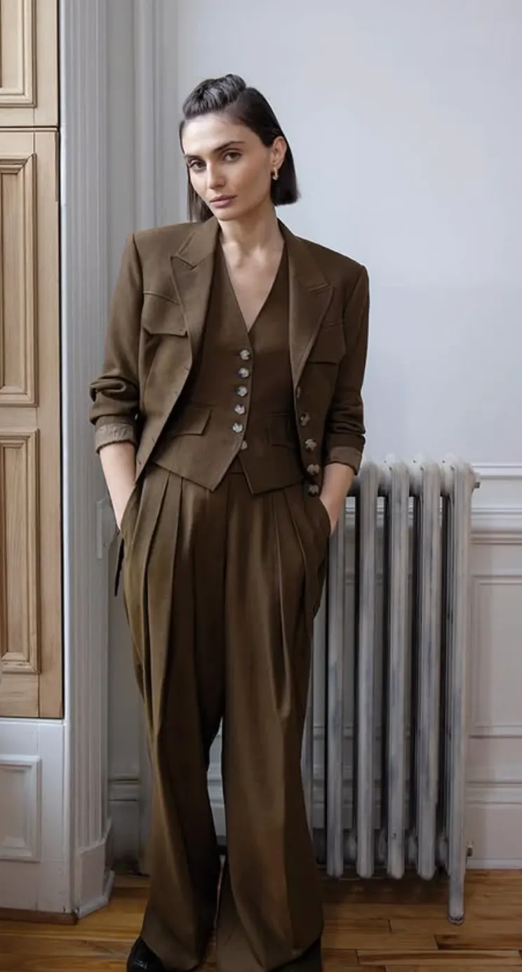 Olive herringbone women’s vest and skirt set with gold accessories, Bespoke By CB Miami