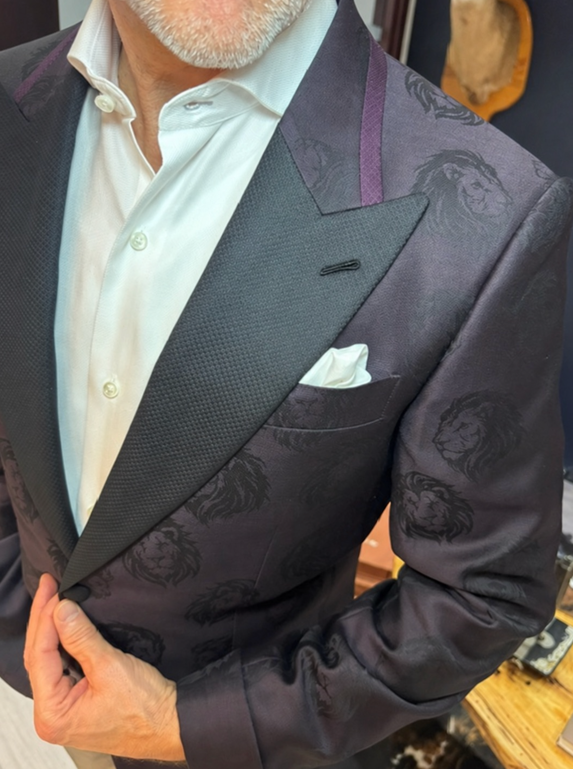 Caccioppoli lion fabric dinner jacket full look showing the silhouette and drape