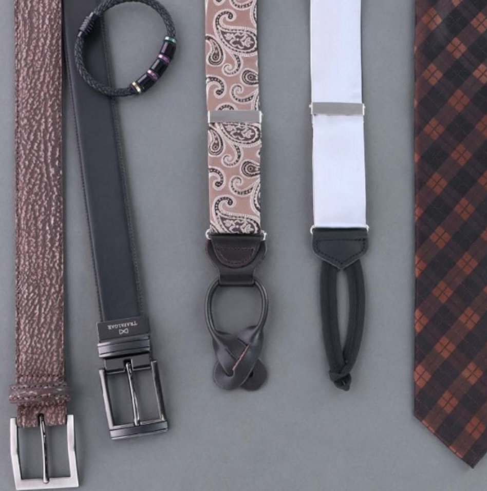 Suspenders and accessory details showing texture and craftsmanship