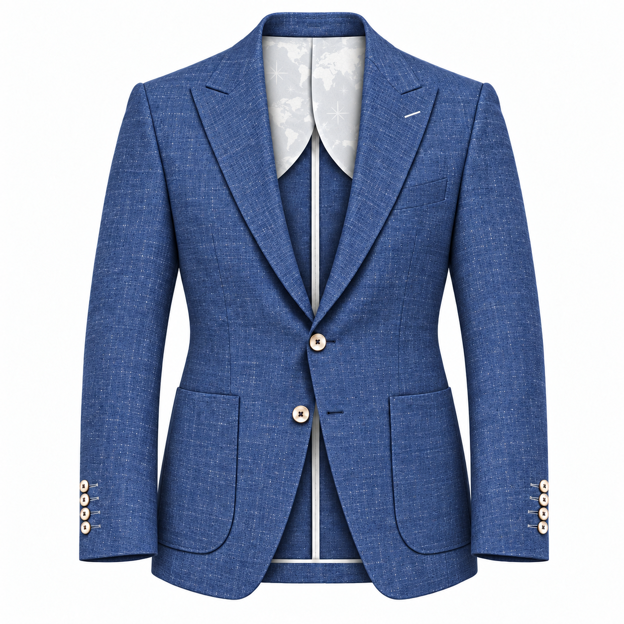 Detail of the jacket collar showing the contrasting celestial world map lining by Bespoke By CB