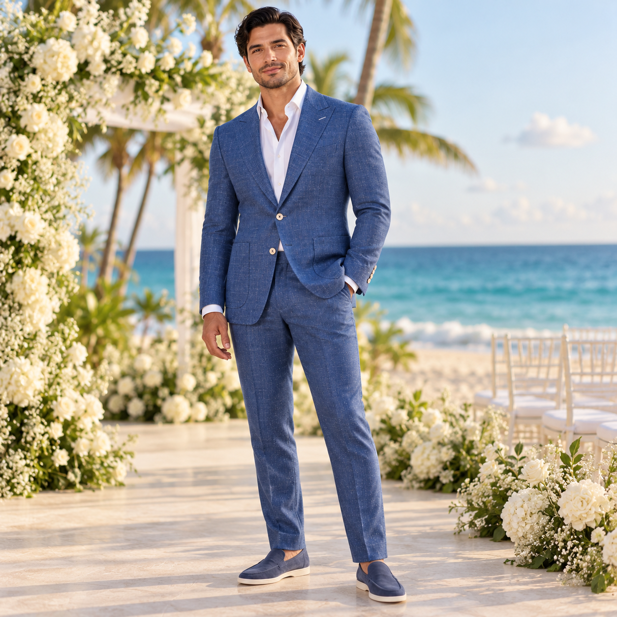 Couple at a beachfront wedding, the groom wearing the custom blue linen wool and silk blend suit by Bespoke By CB Miami