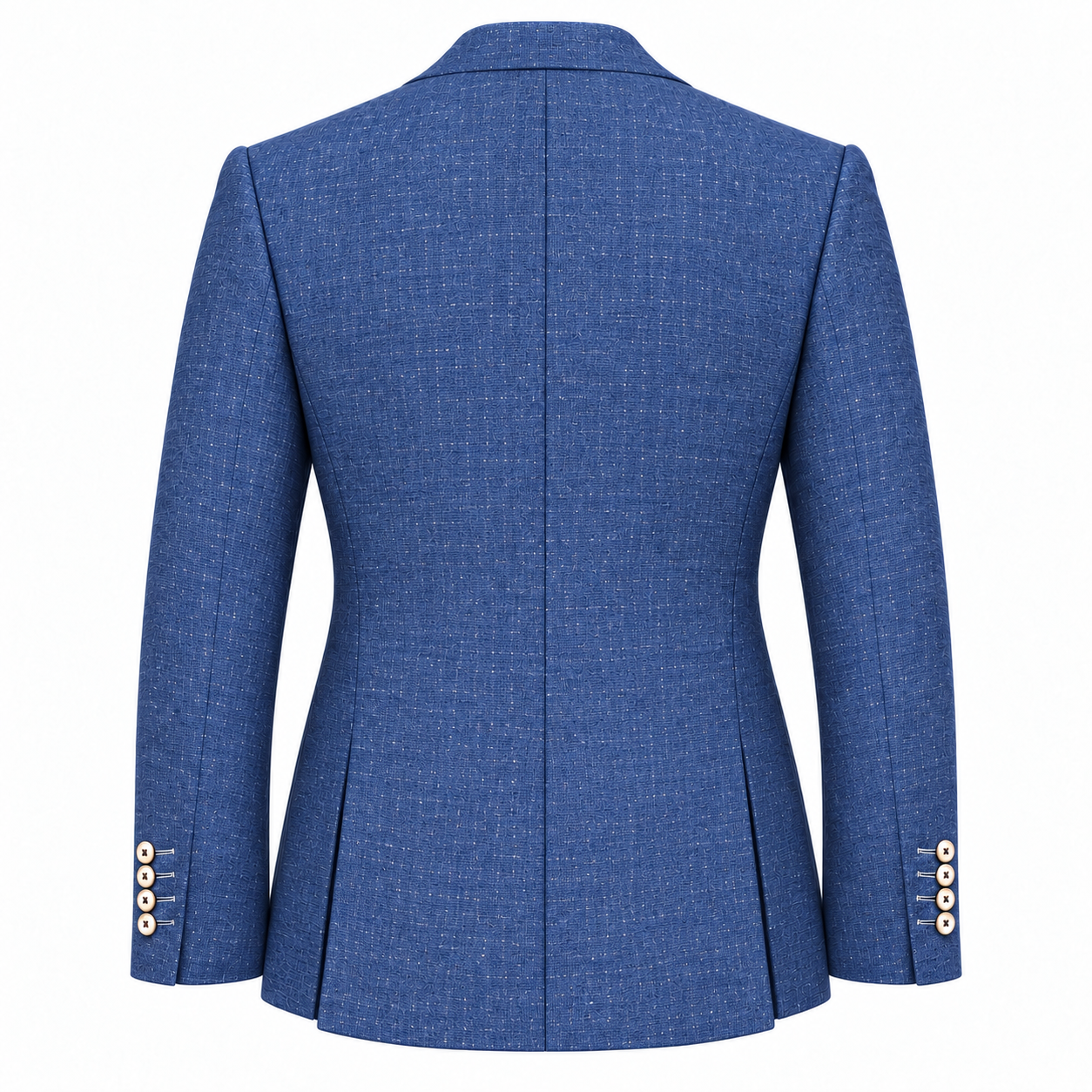 Back view of the custom blue linen wool and silk blend blazer showing clean tailoring and structured shoulders