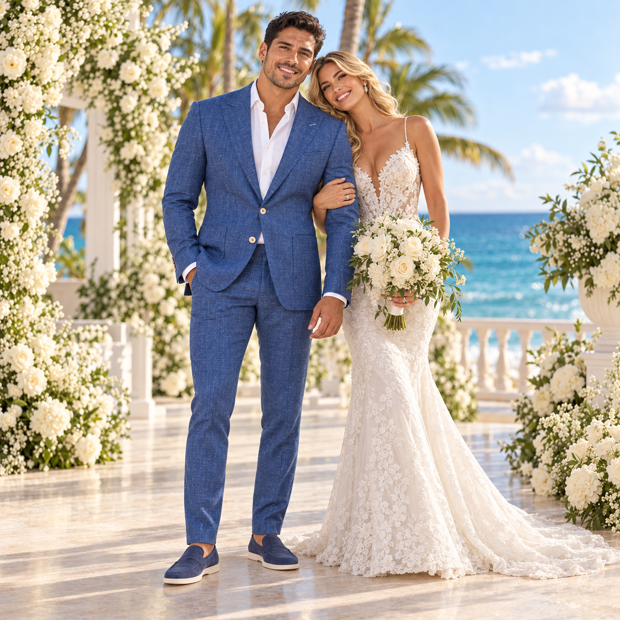 Couple at a beach wedding wearing a custom blue linen wool and silk blend suit by Bespoke By CB Miami