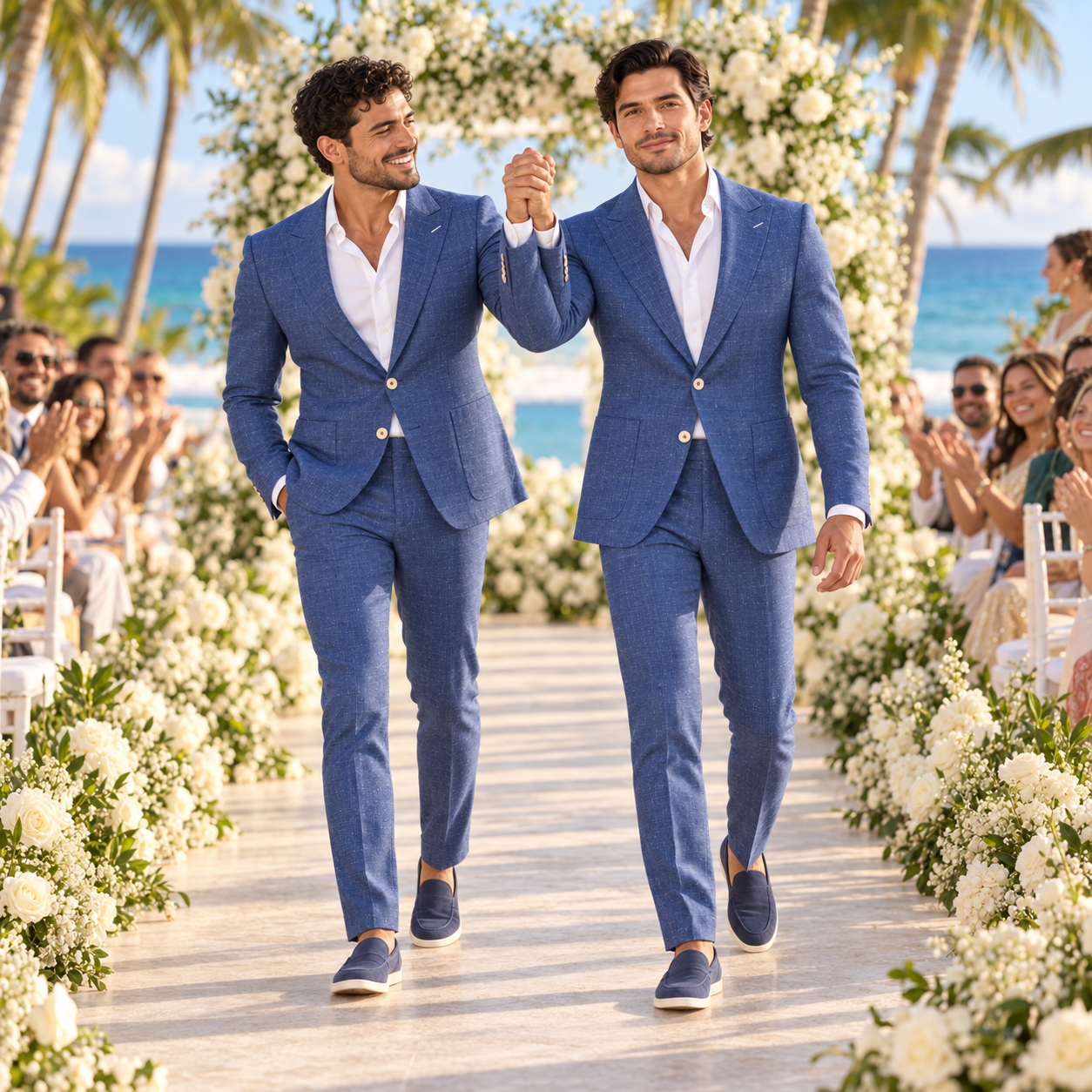 Two grooms wearing matching blue linen wool and silk blend suits walking down the wedding aisle