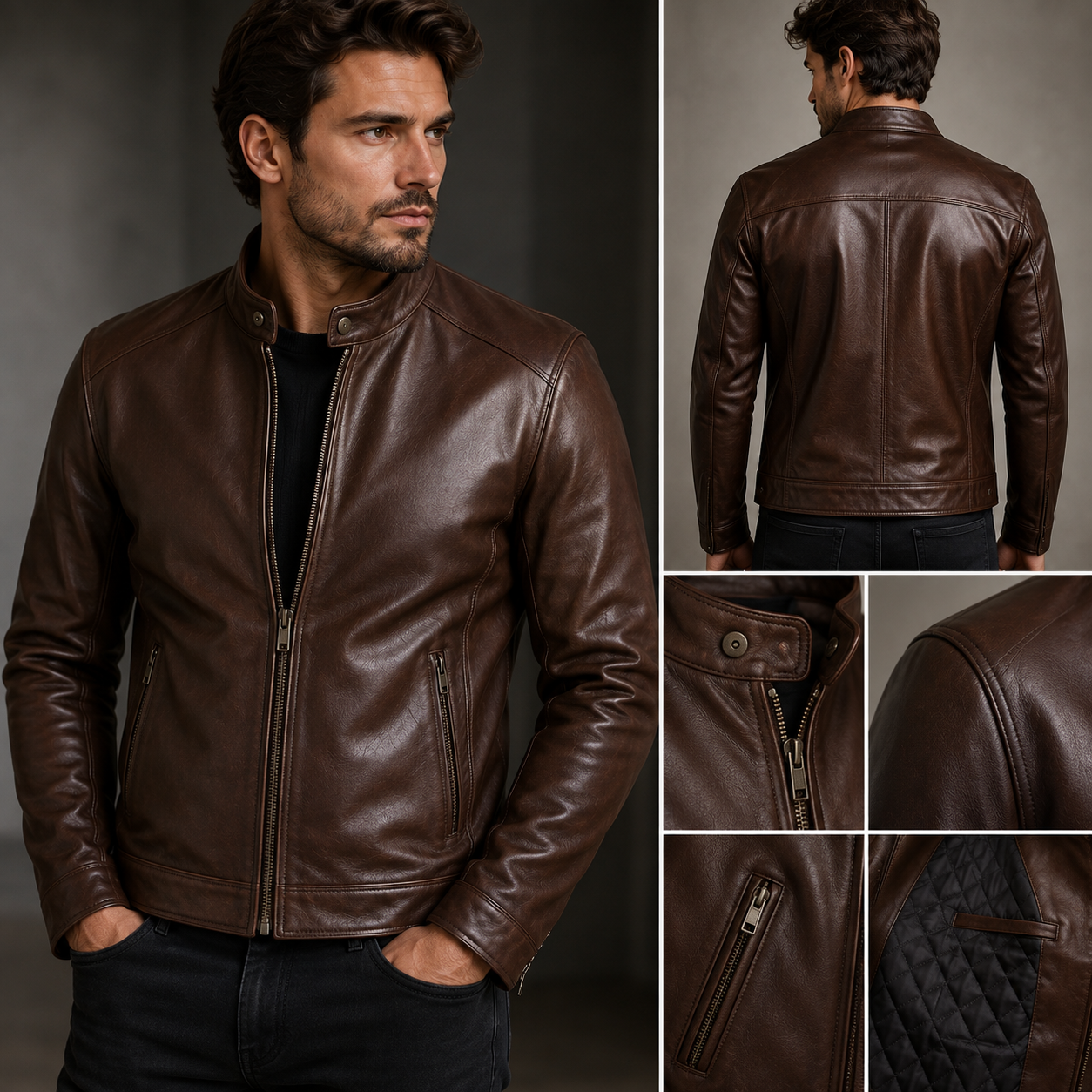 Custom brown leather racer jacket for men with quilted lining by Bespoke By CB Miami