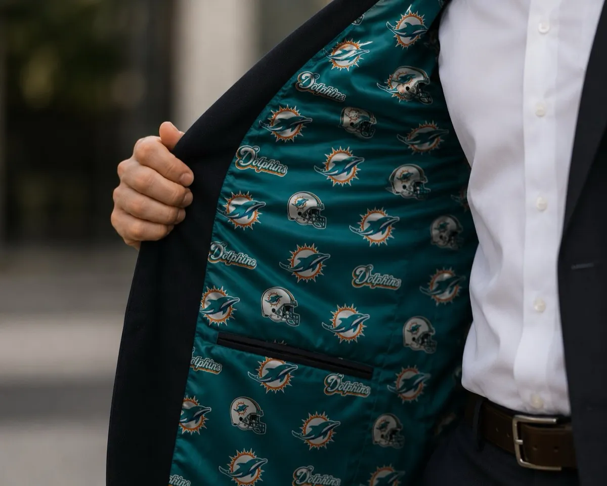 Navy suit jacket pulled open to display a vibrant teal satin lining with Miami Dolphins NFL logo patterns, leaping dolphin sunburst emblems, and silver football helmets, personalized by Bespoke By CB.