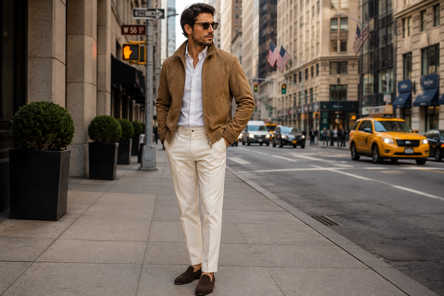 Man wearing a tan suede Harrington jacket with cream trousers and loafers on a city street by Bespoke By CB Miami
