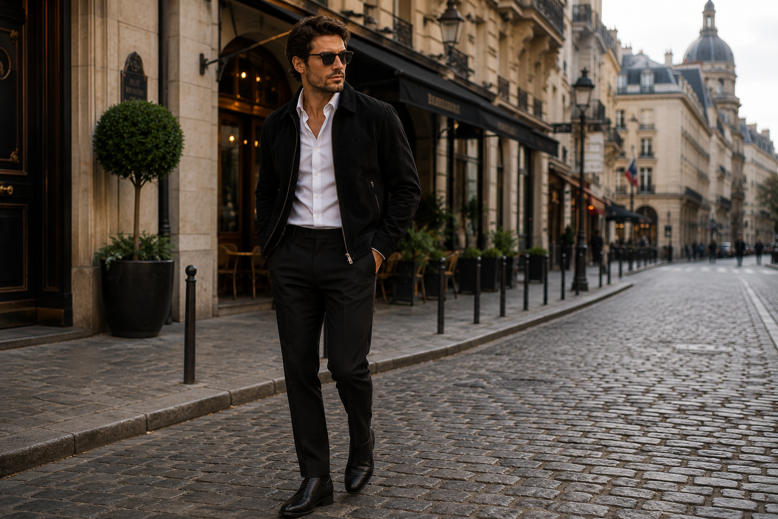 Black suede zip-up jacket with black dress pants on a cobblestone street by Bespoke By CB Miami