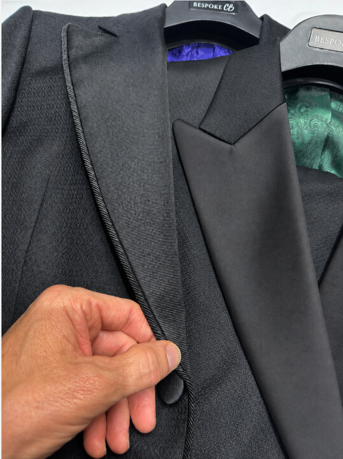 Grosgrain vs satin lapel comparison on two Bespoke CB tuxedo jackets