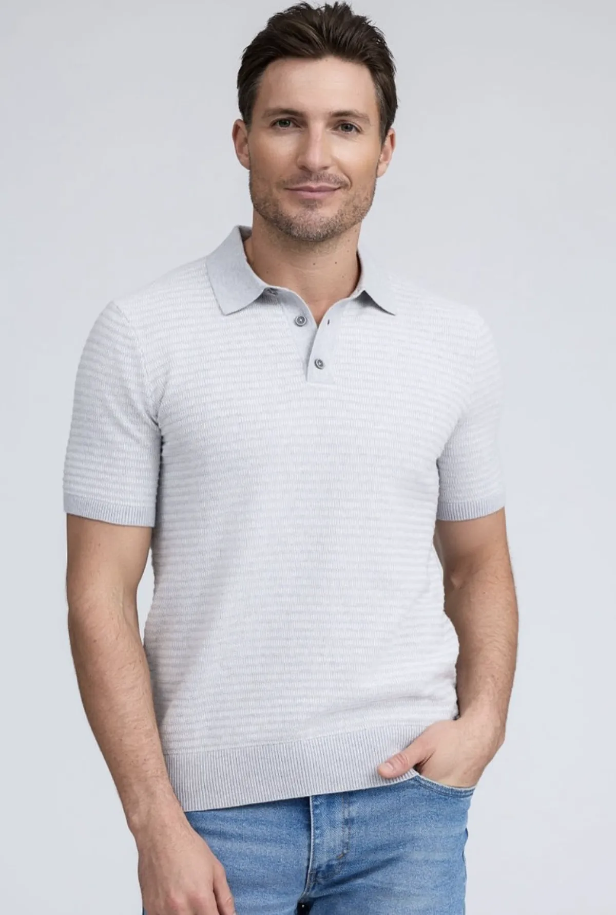 Raffi grey textured knit polo shirt, the understated elegance of Raffi knitwear at Bespoke By CB