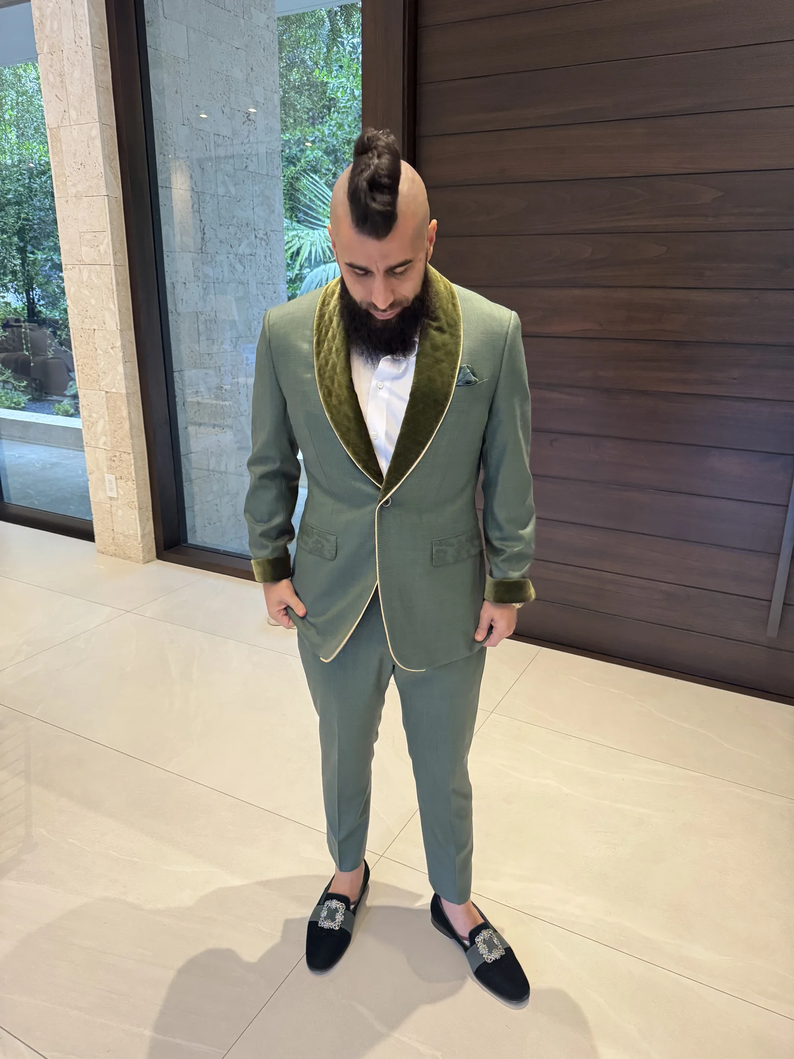 Custom sage green tuxedo silhouette on Robert Rivani by Bespoke CB