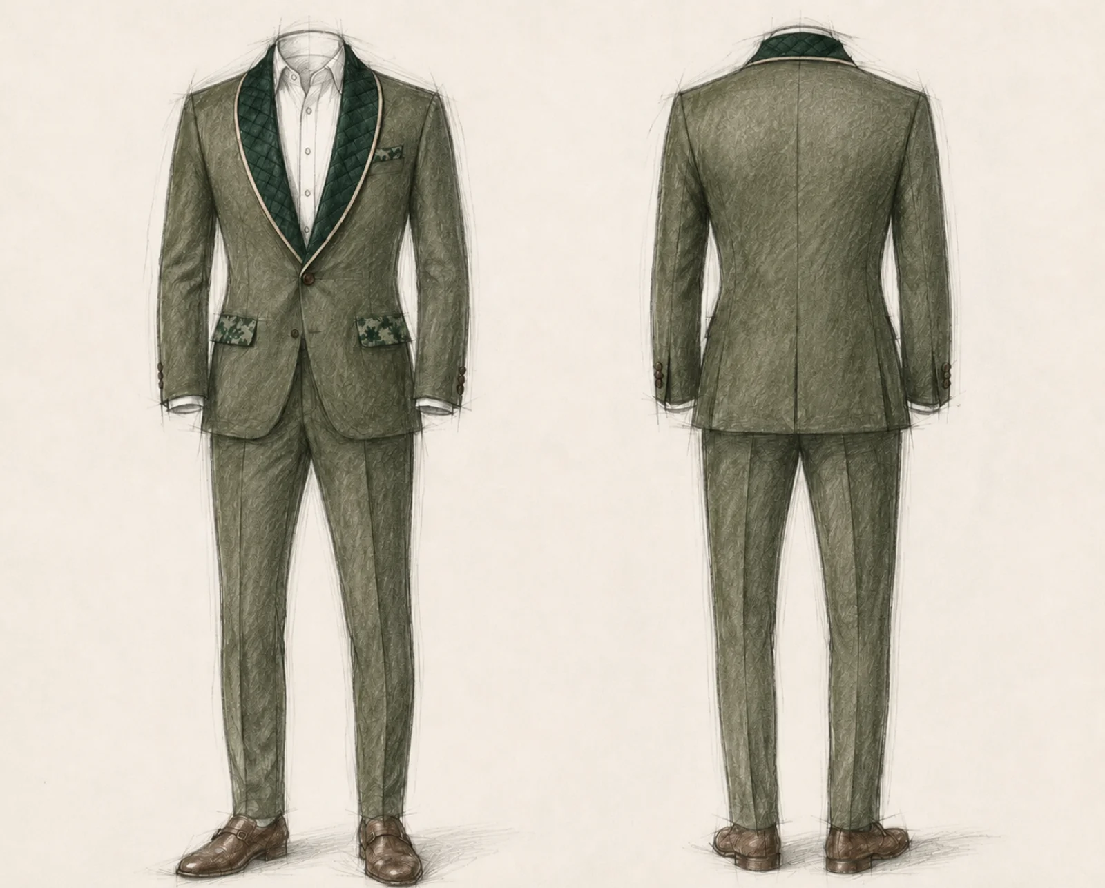 Design sketch of custom sage green tuxedo with quilted velvet lapel by Bespoke CB