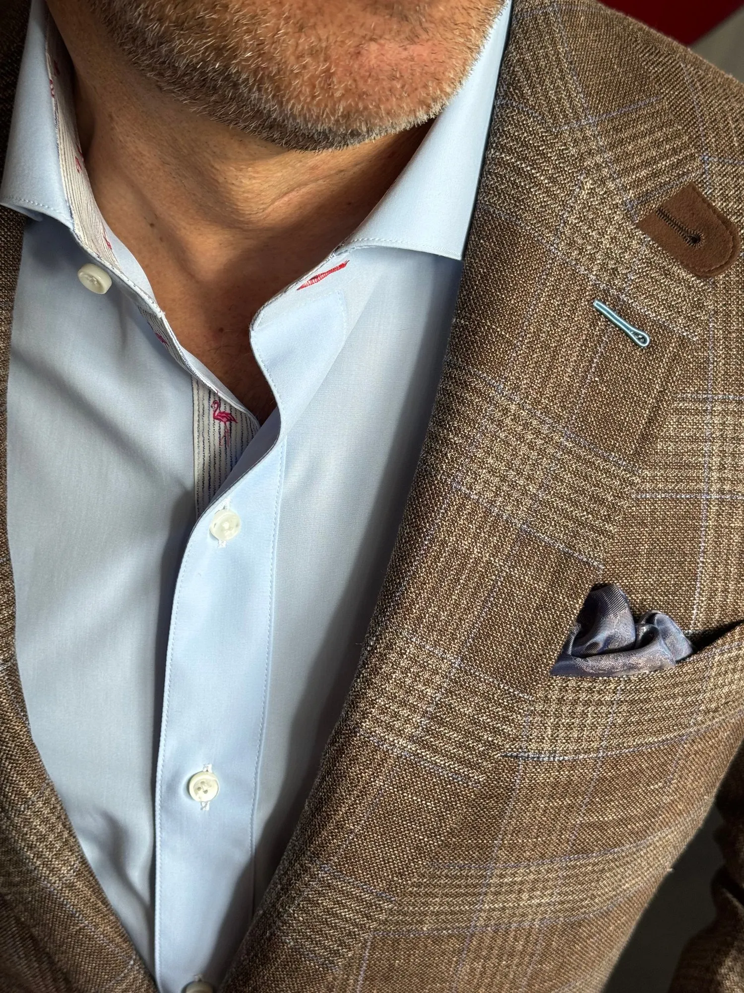 One-point pocket square fold styled with a bespoke custom suit at Bespoke By CB Miami