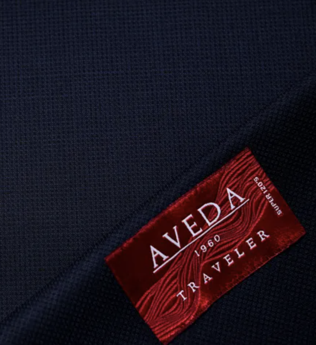 Aveda Traveler collection fabric swatch with Super 120s label