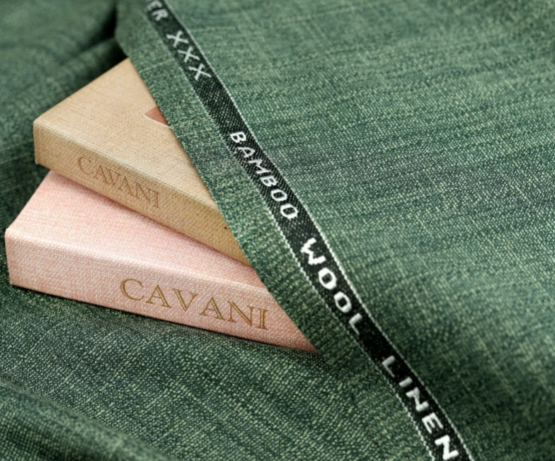 Cavani fabric swatches showing bamboo, wool, and linen blends