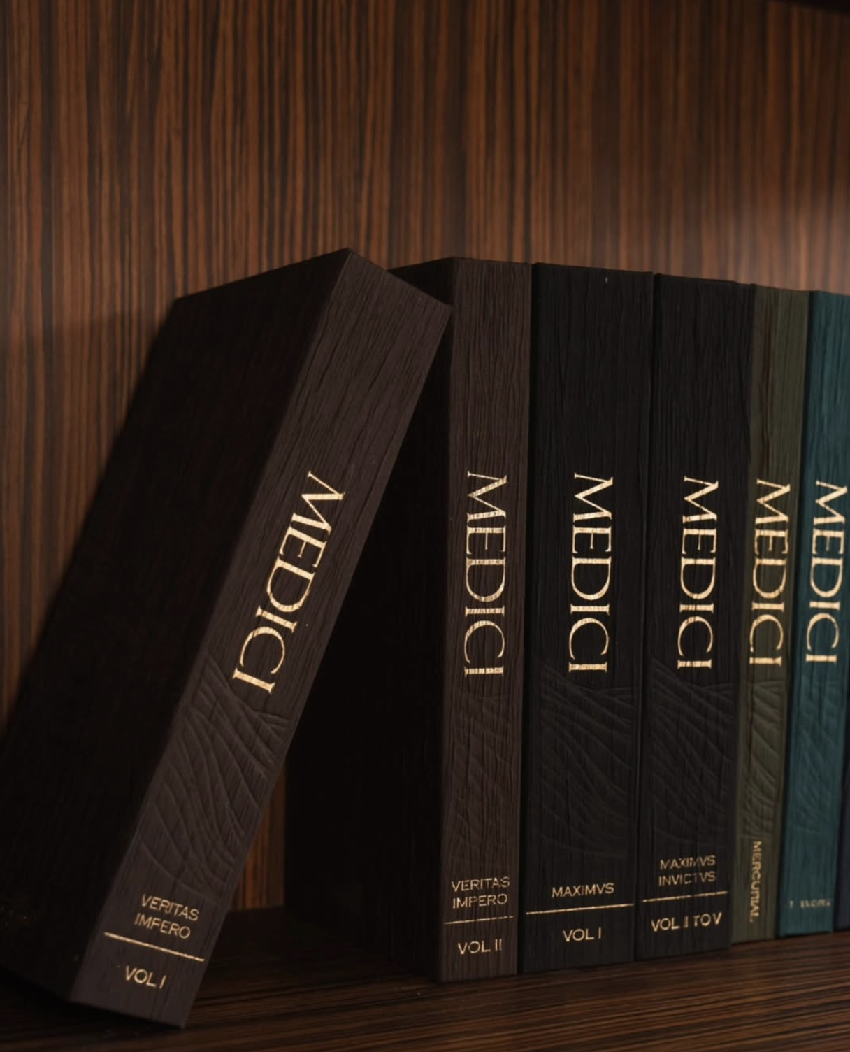 Medici fabric swatch books with dark covers and gold lettering on shelf