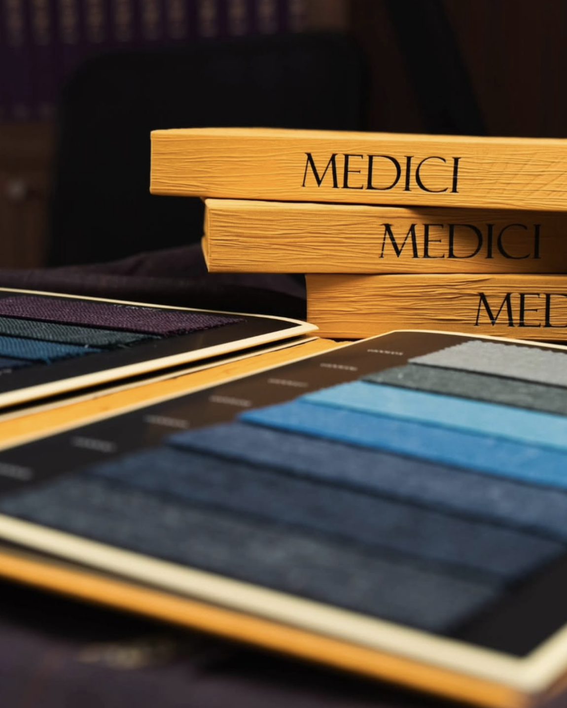 Medici yellow swatch book folders with blue and grey fabric samples