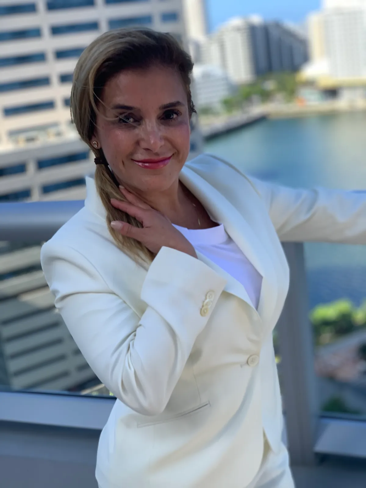 Women's ivory white blazer with gold buttons, custom white suit styling by Bespoke By CB