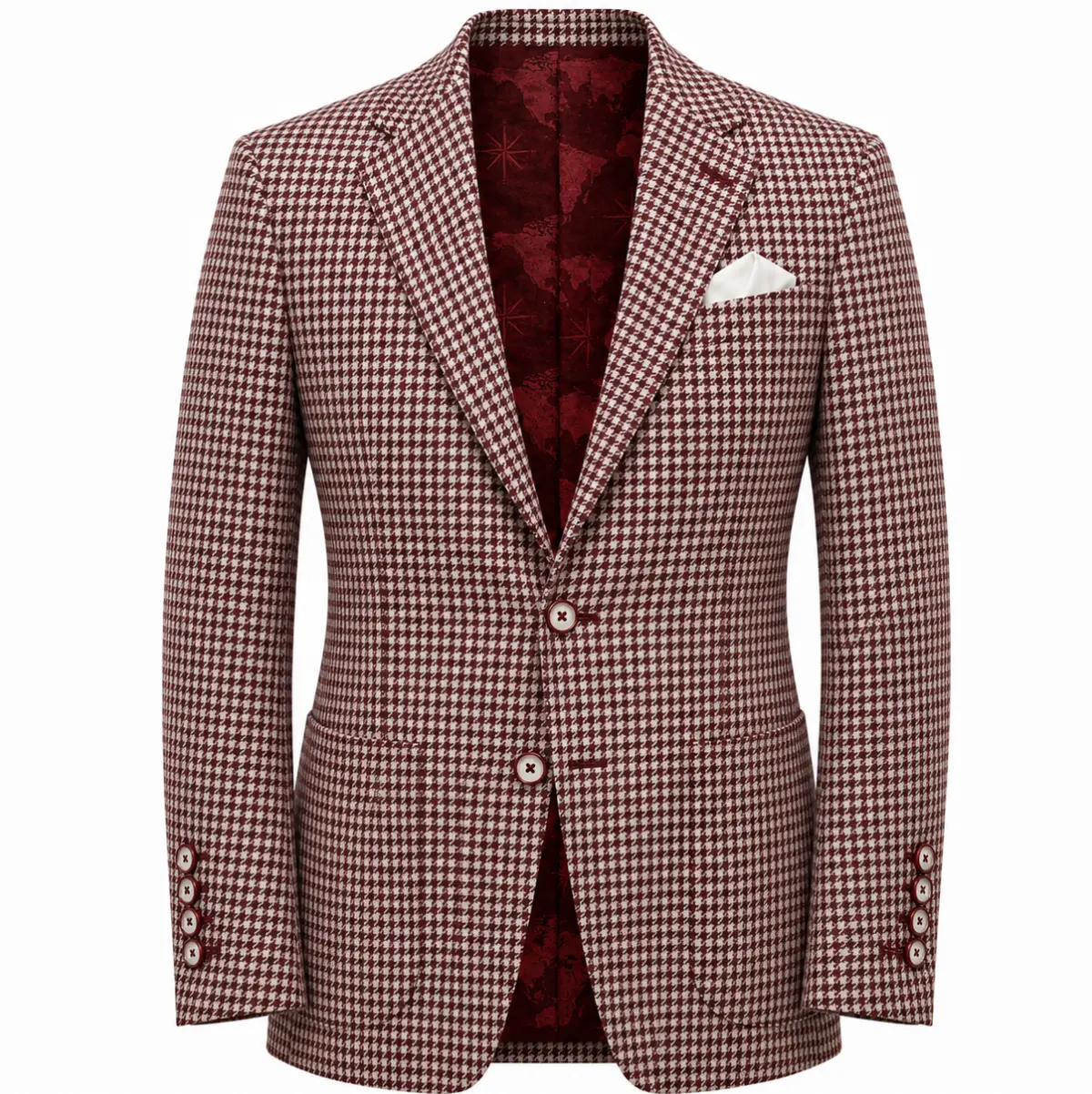 Studio rendering of a custom blazer made from Ariston Silk Dream houndstooth fabric with world map lining and mother-of-pearl buttons
