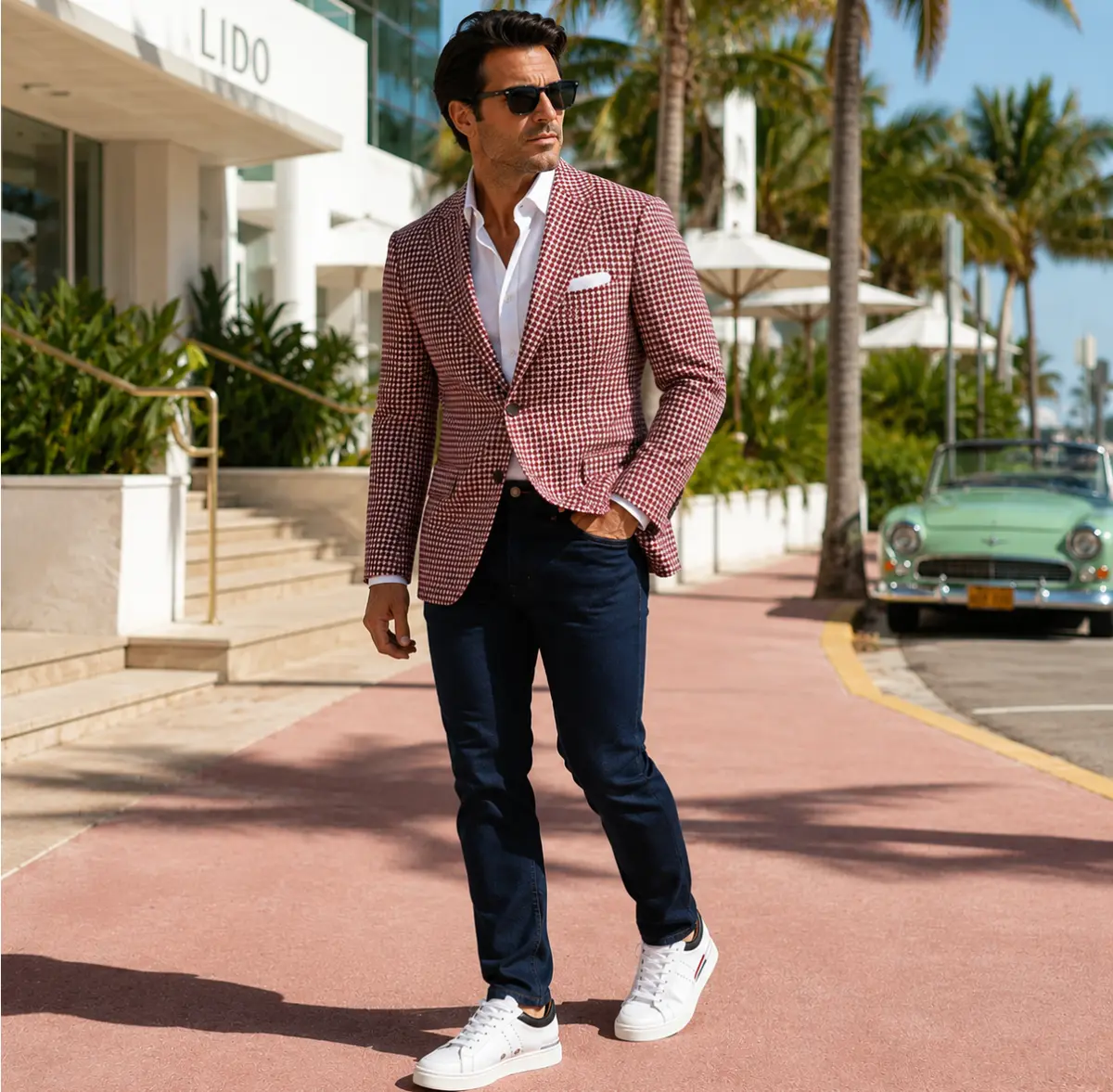 A man wearing a red and white houndstooth blazer walking along a pink sidewalk in a tropical Miami setting, showcasing Ariston Silk Dream fabric