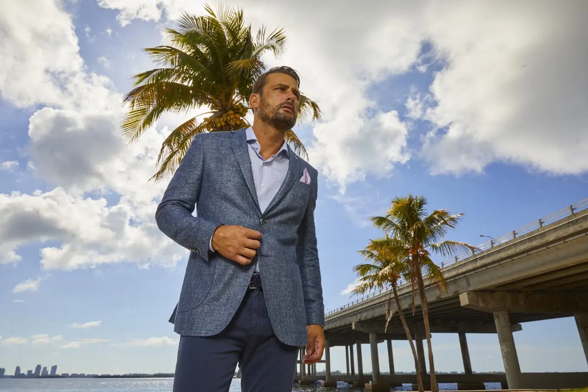 Linen textured blazer in blue ideal for Miami business casual and upgraded cocktail events