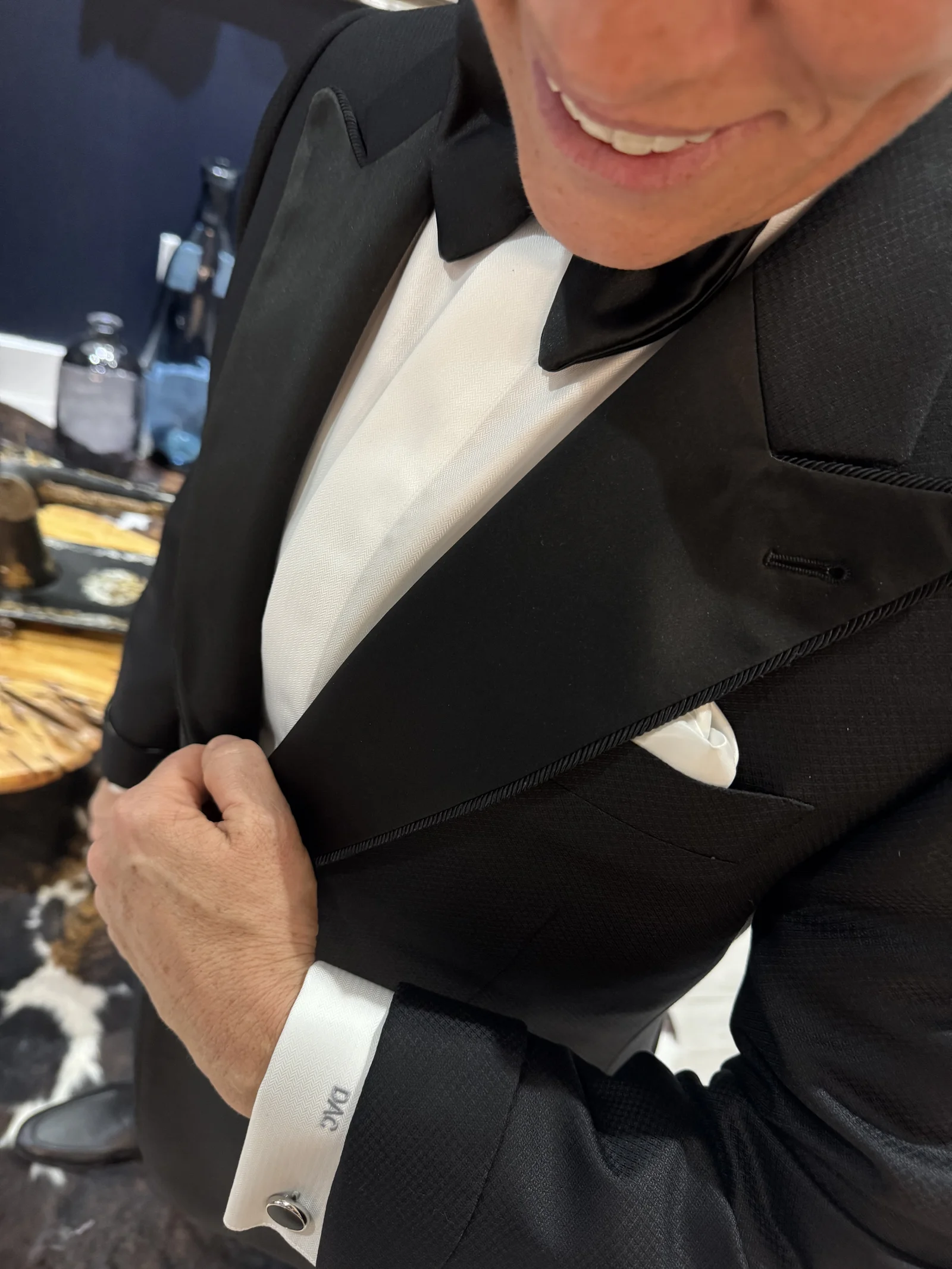 Tuxedo fitting waist detail, custom tuxedo shirt styling by Bespoke By CB