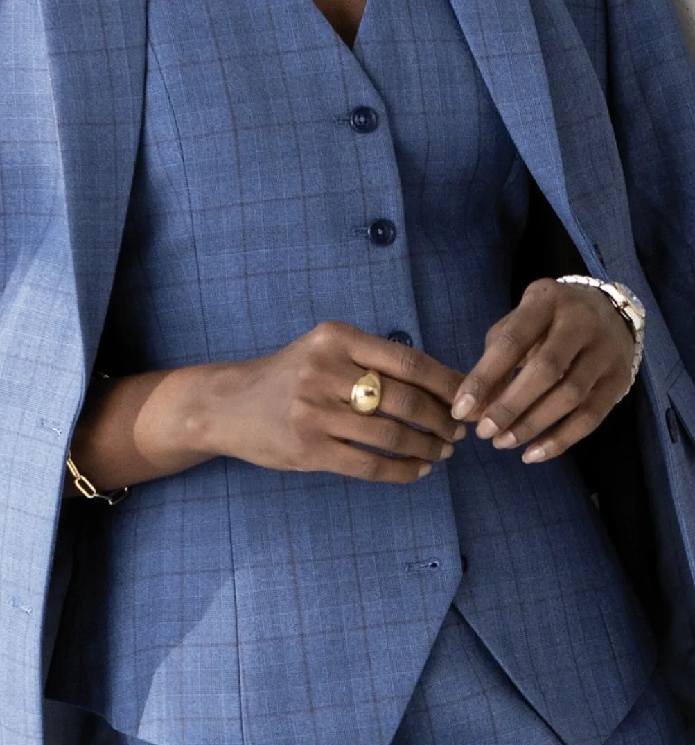 Woman's blue plaid vest with gold jewelry, three-piece women's suit styling by Bespoke By CB Miami