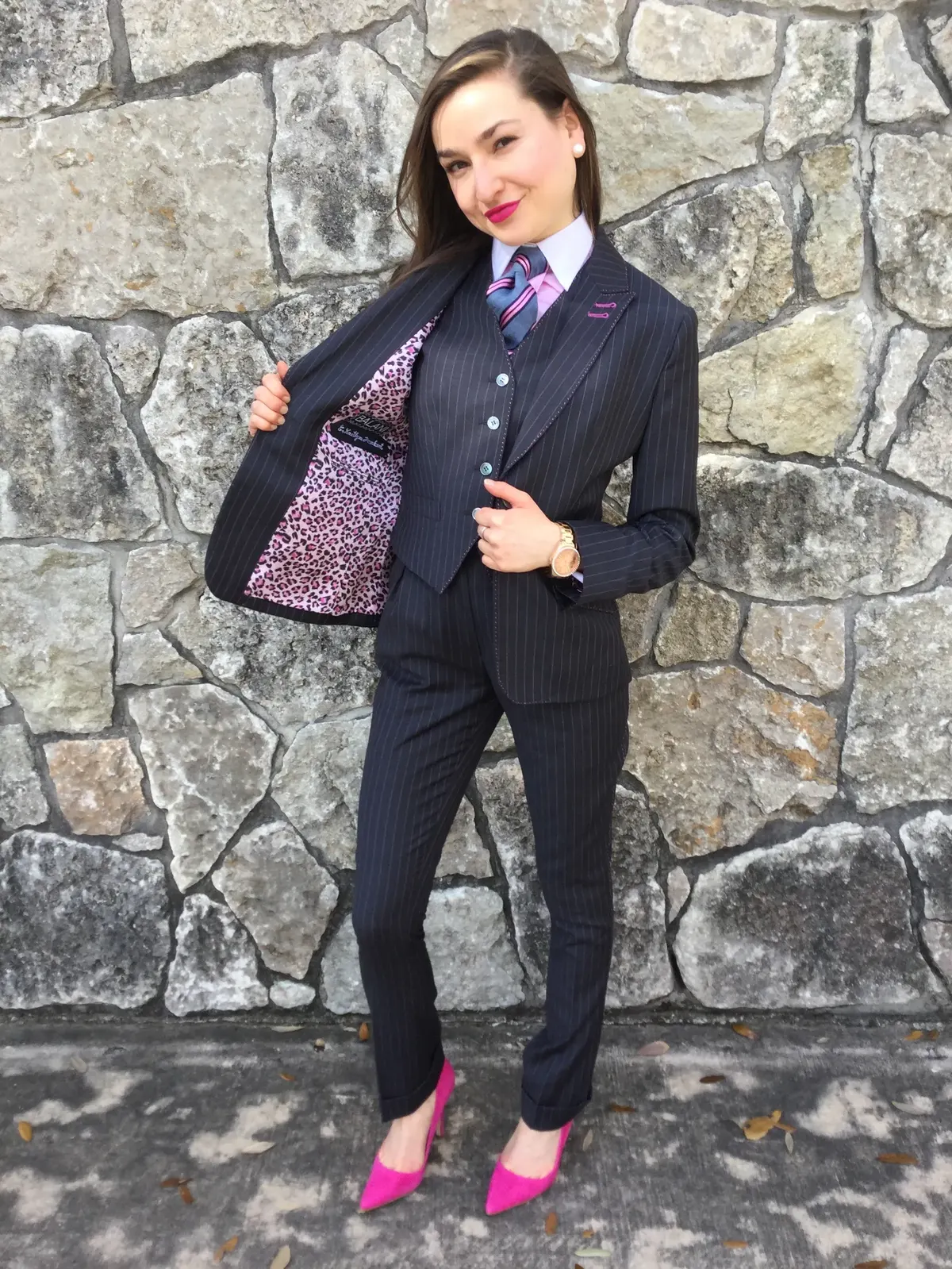 Custom women’s three-piece suit in blue plaid, fabric selection at Bespoke By CB Miami