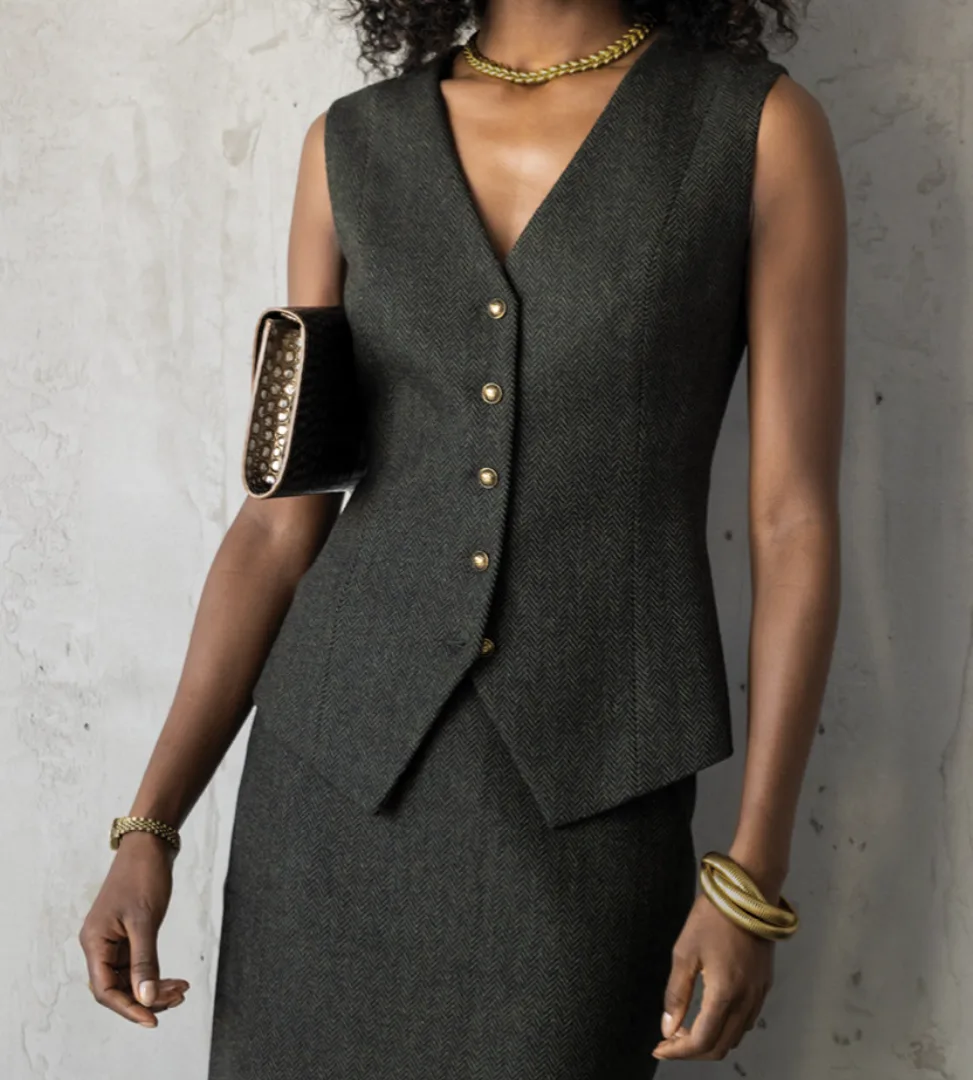 Olive herringbone women's vest and skirt set with gold accessories, Bespoke By CB Miami